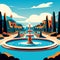 Fountain in the city. Vector illustration in a flat style. AI Generated