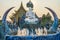 Fountain with dragon statues outside Wat Rong Suea Ten, also known as the Blue Temple,Chiang Rai,Northern thailand