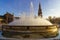 Fountain with ducks in the Plaza de EspaÃ±a in Seville, on a sunny day at sunset, calm and relaxing atmosphere