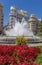 Fountain and flowers at the Plaza Ayuntamiento in Valencia