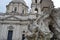 The Fountain of the Four Rivers sculpture outside Sant Agnese in Agone, Rome, Italy