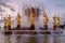 Fountain Friendship of peoples at sunset. One of the main symbols of the Soviet era. Moscow. Russia