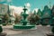 Fountain in front of the green retro buildings