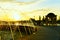 Fountain and gazebo on the embankment on the banks of the Dnieper River at sunset. Kherson region. Bare pier