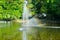 A fountain gushing water over a lake against a background of green trees.