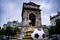 Fountain of Innocents, the ancient fountain in Paris, France and football ball modern installation