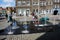 Fountain at the market square in Gdansk, monument of a roaring bronze lion in green