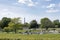 Fountain in the park of the Louvre with Eifell tower on background, Paris. France