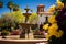 Fountain in the park , old Spanish colonial houses Church as background