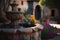 Fountain in the park , old Spanish colonial houses Church as background