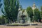 fountain and Saint PokrovsÊ¹ky Men Monastery at the background in Kharkiv