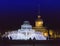 Fountain from the shining fires on the square in front of the Admiralty on New Year`s Eve. St. Petersburg. Russia