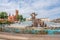 Fountain of Three Storks at Independence Square and Church of Saints Simon and Helena - Minsk Red Church - Minsk, Belarus