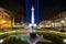 Fountain and the Washington Monument at night, in Mount Vernon, Baltimore, Maryland