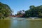 The fountains on the Kawazokoike Pond in Tennoji Park. Osaka. Japan