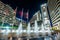 Fountains and modern buildings at night, in downtown Bethesda, Maryland