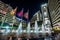 Fountains and modern buildings at night, in downtown Bethesda, Maryland