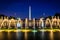 Fountains at the National World War II Memorial and the Washington Monument at night, at the National Mall, in Washington, DC.