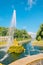 Fountains of Peterhof. Golden statues of Grand Cascade and Samson Fountain at Peterhof Palace.