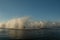 Fountains in a technical reservoir near a thermal power plant.  Industrial tourism, nice landscape