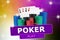 Four aces behind stacks of chips against colorful sparkling background. Collage with inscription poker play. Gambling