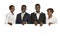 Four african business people holding white sign, free copy space