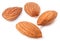 Four almond isolated on white background close-up macro