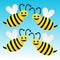 Four amusing drawn bees on a blue background