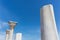 Four ancient antique Greek columns against the sky, a view from the bottom up