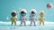 Four animated astronauts in colorful spacesuits standing on a fantastical icy planet with a whimsical rendition of space and