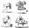 Four architectural sketches of a modern abstract architecture