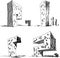 Four architectural sketches of a modern abstract architecture