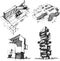 Four architectural sketches of a modern abstract architecture