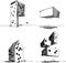 Four architectural sketches of a modern abstract architecture