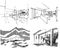 Four architectural sketches of a modern abstract architectureand interior