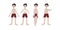 Four Asian boys in swimsuits. Calm standing poses: thumbs up, piece of paper in hands. Pale skin and dark hair. Vector