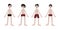Four Asian boys in swimsuits. Children. Kids. Diversity. Pale skin and dark hair. Vector illustration in flat style