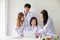 Four asian medical workers. Portrait of asian doctor. Chemists doing in the laboratory. young scientists with test and research in