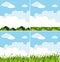 Four background scenes with blue sky and green grass