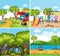 Four background scenes with playgrounds and forest