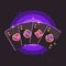 Four black and gold playing card aces with pink and purple gem symbols on purple background. Poker flat illustration