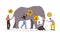 Four blindfolded male and female characters touching an elephant on white background