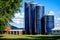 Four Blue Barn Silos on a Farm