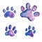 Four blue-violet watercolor dog or cat footprints isolated on white background