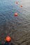 Four bright orange buoys floating on river water surface