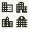Four buildings minimal icons: offices, apartments, city, hospital
