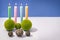 Four burning pastel-colored candles, with green living and dry gray orbs in front of them