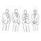 Four businessman standing with different gesture vector illustration sketch doodle hand drawn with black lines isolated on white