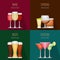 Four cards with different alcohol beverages. Wine, strong drinks