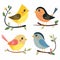 Four cartoon birds perched branches leaves. Colorful bird illustrations against white, perfect